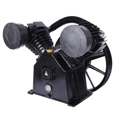 Hefty Cast Iron Twin Cylinder Replacement Air Compressor Pump Head crushing it with serious CFM output for impact wrenches and blasting jobs.
