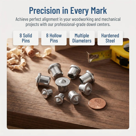 Dowel Center Transfer Plugs Set for Woodworking Hollow and Solid Doweling Alignment Tool on workbench with penny and tape measure