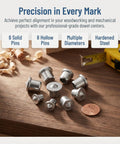 16 Piece Solid And Hollow Dowel And Tenon Center Transfer Plugs for woodworking on a wooden table with a measuring tape.