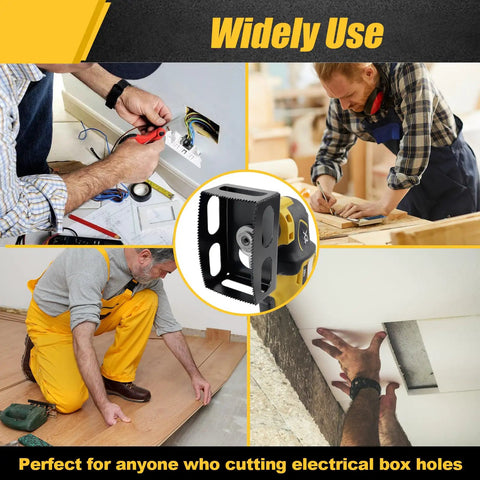 Square Slot Cutter For DeWalt 20V And Milwaukee M18 Oscillating Multi-Tool, in use for cutting drywall box holes.