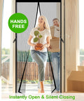 Woman walking through Heavy Duty Magnetic Screen Door for 32x80 Openings Fits 34x81 Screen, holding plant pot