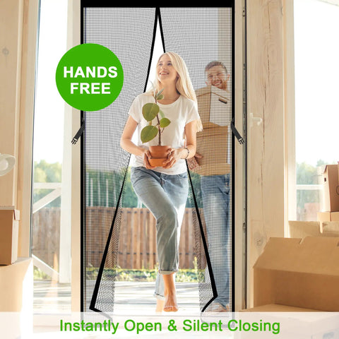 Woman walking through Heavy Duty Magnetic Screen Door for 32x80 Openings Fits 34x81 Screen, holding plant pot