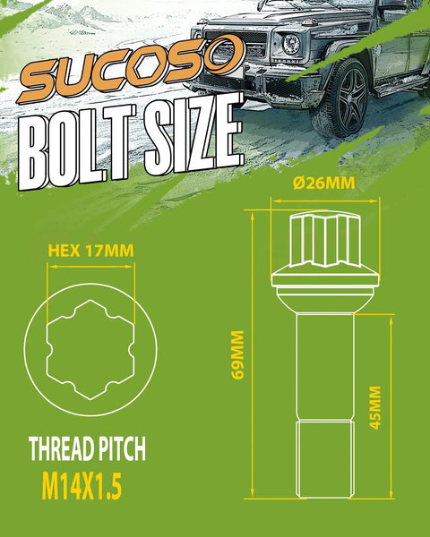 High Grade 14X1.5 Thread Wheel Lug Bolts For Mercedes Benz W164 W166 X253 W221 W222 W213 Ml350 Ml500 Glc300 Glk350 Heavy Duty Steel specifications with size and hex details.