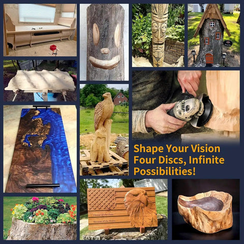 13 Piece Wood Carving Disc Set For Four And A Half Inch Angle Grinders With Carbon Steel Discs and Flap Discs displayed with wood art