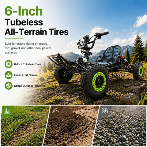 Off Road Electric Go Kart For Teens And Adults With 48V 2000W Brushless Motor Peak 2500W with 6 inch tubeless tires on rough terrain