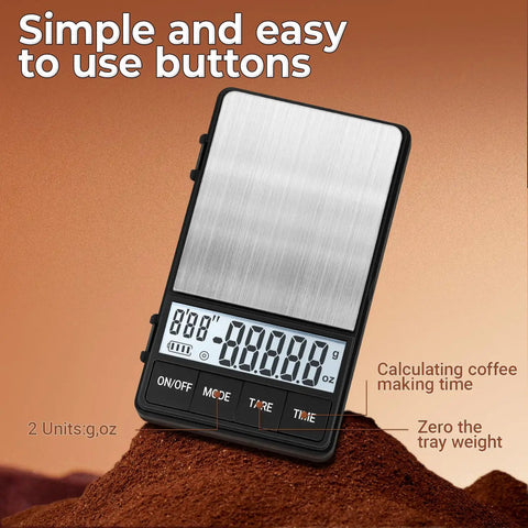 Digital Coffee Scale With Timer For Espresso, 1000g By 0.1g Precision, Mini Barista Grade Scale showing LCD display on buttons