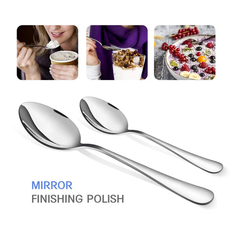 Close-up of two polished stainless steel spoons from the 24 Piece Stainless Steel Silverware Set For 4 Dishwasher Safe Flatware Utensils.