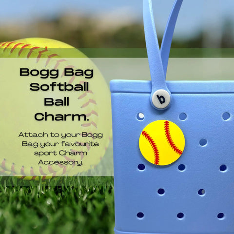 Softball Ball Tote Bag Charm With Team Spirit decor on blue tote, grass background, for Bogg Bags, baseball fans gift