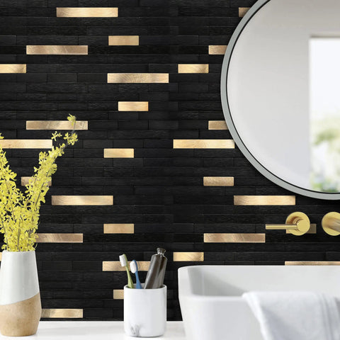 Bathroom wall with peel and stick backsplash wood and metal mosaic tiles for kitchen self adhesive no grout no mess view