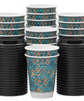 Hella Sturdy Double Wall Paper Coffee Cups With Leak Proof Lids 100 Pack 12 Oz stacked with black lids for insulated beverages.