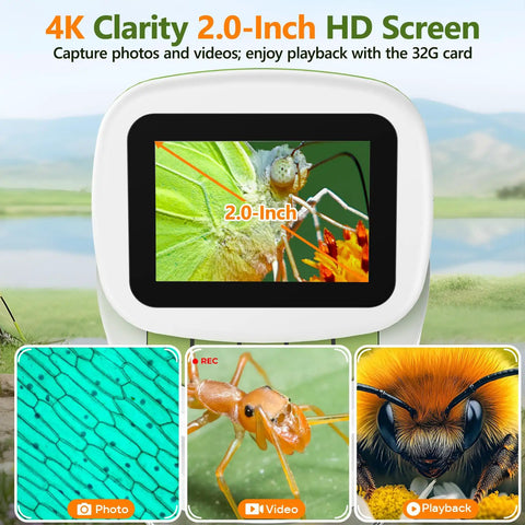 Handheld Digital Microscope With Screen 4K Clarity 1000X Magnification Kid Friendly Awesome STEM Science Kit Gift Toys For Curious Young Scientists Aged 5 And Up, 2.0-inch screen