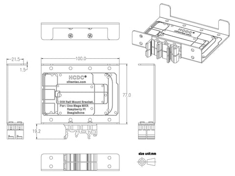 Technical drawing of Din Rail Mount Bracket For Raspberry Pi A Plus B Plus 2B 3B 3B Plus 4B Zero And Arduino Uno Mega Mkr BeagleBone Rack Mount Rack Ready Industrial Grade For Industrial Control And Prototyping showing dimensions and structure.