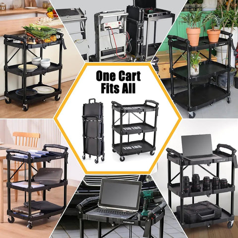 Portable Folding Service Cart With Three Tiers, 330 Lbs Capacity, Rolling Utility Cart On Wheels For Various Uses
