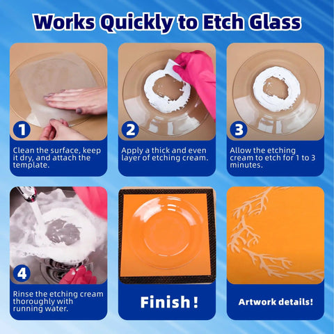 2.8oz Glass Etching Kit With High Adhesion Stencils Easy To Use Do It Yourself Matte Glass Designs For Wine Glasses Mugs Jars And Mirrors Durable Long Lasting Results No Experience Needed - Step-by-step DIY instructions showcasing application, rinsing, and finished etched glass results.