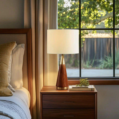 Mid Century Modern Table Lamp With Pecan Wood Base And Gold Metal Accents, White Drum Shade, 26 Inch Tall, Gold Brown Finish, Dope Lighting For Bedroom Nightstand Or Office Desk next to window