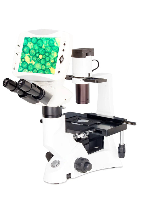 Digital LCD Inverted Epifluorescence Microscope With 9 Inch HD Display, Built-In 5MP Camera, GFP And RFP Fluorescence, Optional UV Excitation, HBO Mercury Illumination, And 4x, 10x Ph, 20x Ph, 40x Ph Objectives Plus Dozens Of Lenses, white lab microscope