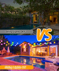 Comparison of 200Ft Outdoor String Lights With 104 G40 LED Bulbs on a patio, showing off versus on with colorful effect.