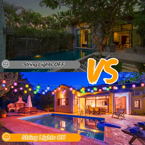 Comparison of 200Ft Outdoor String Lights With 104 G40 LED Bulbs on a patio, showing off versus on with colorful effect.