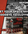 A before and after comparison showing a workshop. The after image features a Power Tool Organizer Wall Mount With Charging Station And 8 Outlet Heavy Duty Metal Garage Storage Rack 23 Inch Three Tier Shelves For Workshop And Garage Organization, neatly holding tools and equipment.
