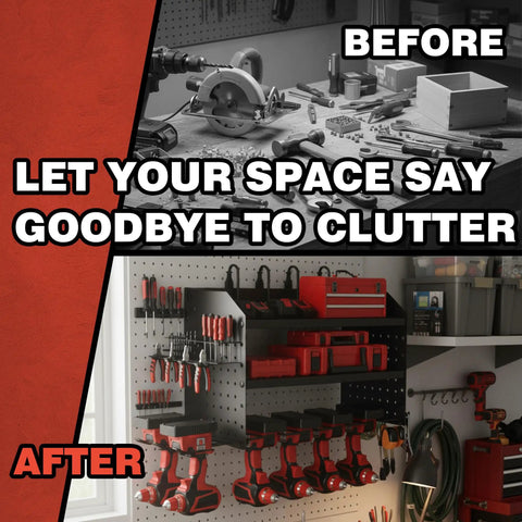 A before and after comparison showing a workshop. The after image features a Power Tool Organizer Wall Mount With Charging Station And 8 Outlet Heavy Duty Metal Garage Storage Rack 23 Inch Three Tier Shelves For Workshop And Garage Organization, neatly holding tools and equipment.