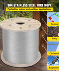 Heavy Duty 1/4 Inch Stainless Steel Cable 200 Ft 7x19 T304 Aircraft Wire Rope Kit on wooden spool, outdoor use.