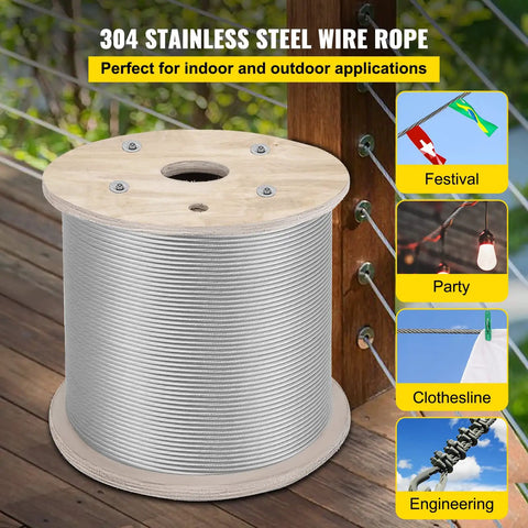Heavy Duty 1/4 Inch Stainless Steel Cable 200 Ft 7x19 T304 Aircraft Wire Rope Kit on wooden spool, outdoor use.