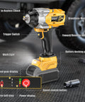 Rugged Cordless Impact Wrench Churning Out 1000 Ft Lbs Of Badass Torque, Fits Seamlessly With DeWalt 20V Batteries, Runs Silky On A Brushless Motor And Brings A Blazing Led Sightline For Swift Tire Rotations, showcasing keyless chuck, trigger switch, and battery dock.