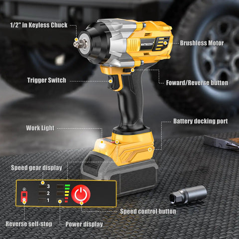 Rugged Cordless Impact Wrench Churning Out 1000 Ft Lbs Of Badass Torque, Fits Seamlessly With DeWalt 20V Batteries, Runs Silky On A Brushless Motor And Brings A Blazing Led Sightline For Swift Tire Rotations, showcasing keyless chuck, trigger switch, and battery dock.