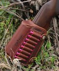 Genuine Leather Buttstock Cheek Rest With Rifle Shell Holder and Quick Access Ammo Slot attached on rifle butt in outdoors