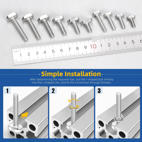 50 Piece Drop In T Slot Bolts Set With Hammer Head T Shaped Screws In Stainless 304 M5 M6 Lengths 12mm 16mm 20mm 25mm 30mm 35mm Drop In Stud Sliding T Bolt For T Track, bolts arranged next to a ruler showing sizes