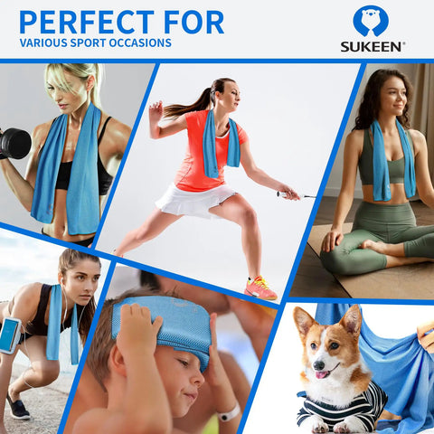People using Instant Cooling Towels 4 Pack 40 By 12 Inches Hyper Evaporative Ice Towel Neck Wraps Soft Breathable Microfiber For Yoga Running Gym Workouts Camping Fitness And More Activities in various sports activities