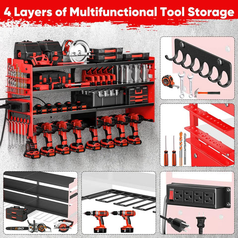 Beefy Power Tool Organizer Wall Mount With Charging Station Four Layer Heavy Duty Metal Shelf Holds 600lbs Battery Rack With Four Outlet Power Strip And Cordless Drill Holders For Garage And Workshop