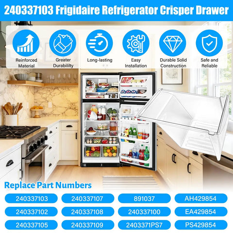 Open fridge in kitchen with 2 Pack Upgraded Refrigerator Crisper Drawers Bins Replacement For Frigidaire And Kenmore overlay