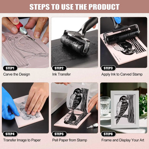 Steps to use Linoleum Block Printmaking Kit With Four Color Ink Linocut Tools Brayer And Baren Craft Set for DIY projects