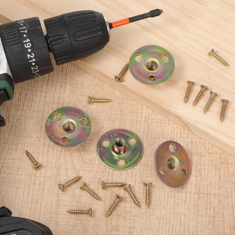 Solid As A Rock Furniture Leg Mounting Plates 4 Pack with screws and drill on wood surface for DIY repair.