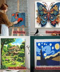 Various art forms including oil painting, diamond painting, paint by numbers, and embroidery stitch displayed in a collage.