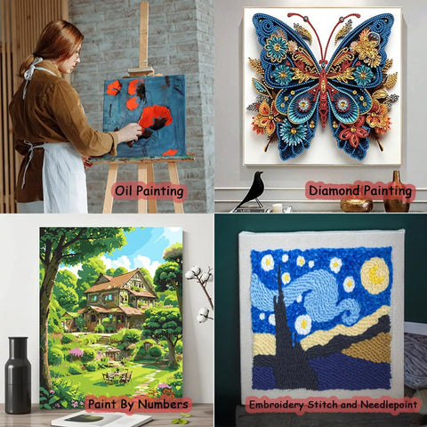 Various art forms including oil painting, diamond painting, paint by numbers, and embroidery stitch displayed in a collage.