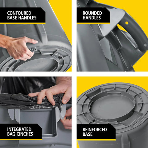 Heavy-Duty 10-Gallon Yellow Round Trash Can For Outdoor Use with contoured handles, integrated bag cinches, and reinforced base details