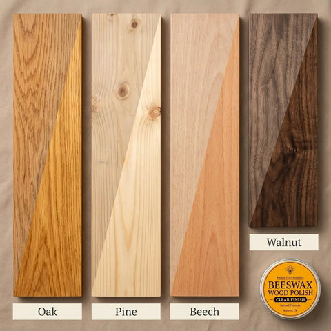 Real Deal Natural Beeswax Furniture Polish To Restore Dry Wood And Boost Natural Grain With Food Safe Olive Oil Blend For A Smooth Clean Finish That Gives Your Favorite Wooden Pieces Brand New Life In 3.5 Fl Oz Jar on oak, pine, beech, walnut wood samples.