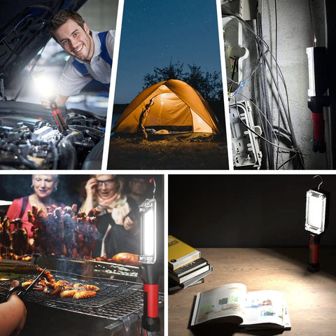 Rechargeable COB LED Work Light With Magnetic Hands Free Mount, used in various settings like auto repair, camping, and barbecues.