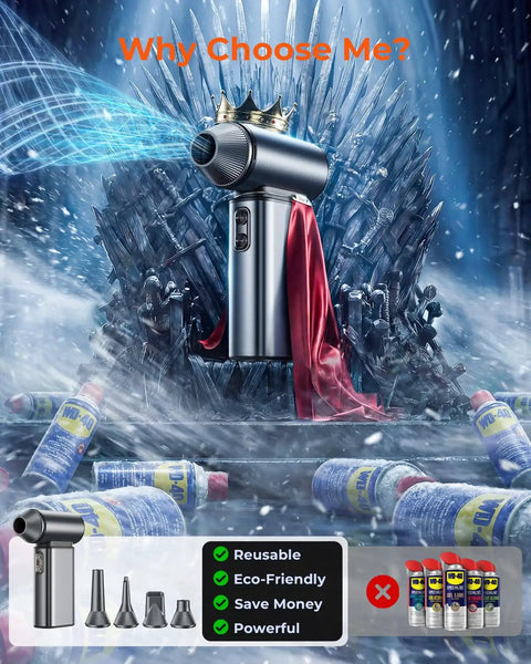 High Power Electric Air Duster With 150000 RPM Turbo Fan And 6 Adjustable Speeds displayed as king on throne with cans below