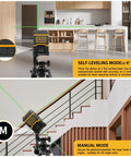 Green Cross Line Laser Level With Tripod Self Leveling Tool For Picture Hanging And Tile, Floor, Wall Alignment, DIY Friendly Home Renovation, Indoor Outdoor Use, 82 Ft Range, Easy Setup, Bright Green Beam in kitchen and stairway