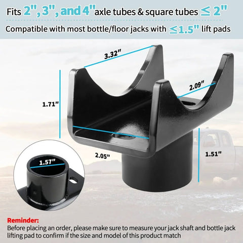 Beefy Heavy Duty Bottle Jack Axle Adapter Lifting Saddle Cradle For 2 Inch, 3 Inch, And 4 Inch Round Axles And 2 Inch Square Axle Tube Fits 1.5 Inch Jack Platform 17,000 Lbs Alloy Steel Saddle For RV Trailer Truck Camper Garage Farm