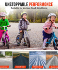 Children riding balance bikes on various road types; cement, asphalt, slippery, and gravel for unstoppable performance.
