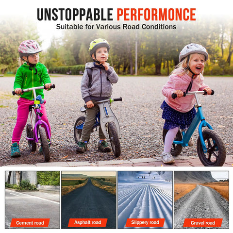 Children riding balance bikes on various road types; cement, asphalt, slippery, and gravel for unstoppable performance.
