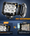 2 Pack 18W LED Pods With 1260 Lumens Spot Off Road Lights showing IP67 waterproof feature, rubber pad, and EVA strip comparison.