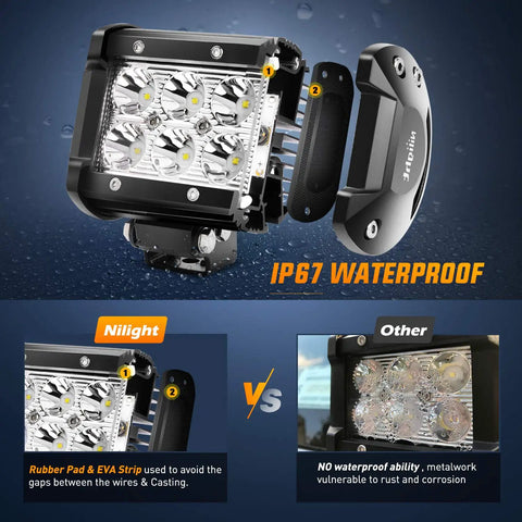 2 Pack 18W LED Pods With 1260 Lumens Spot Off Road Lights showing IP67 waterproof feature, rubber pad, and EVA strip comparison.