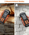 Professional Pin Moisture Meter Tailored With Dual Settings For Wood Lumber And Drywall Panels Alongside Standard Construction Frames showing wood and building material modes.