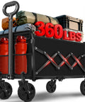 Foldable Wagon Cart With 360 Lb Capacity, loaded with camping gear, collapsible wagon on wheels, black with flexible handle.