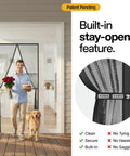 Man and dog walking through Magnetic Screen Door Self Sealing Heavy Duty Hands Free Mesh Barrier for Pets and Kids Keeps Bugs Out